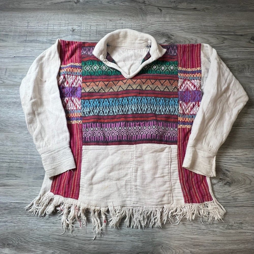 Men's Boho Textured Pullover Shirt in Cream with Multicolor Pattern